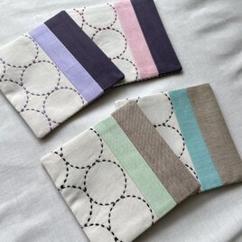 【ハギレ活用お得セット】刺し子コースター4枚セット②   丸模様　グリーンブラウン×パープルラベンダー　カラフル　ギフト