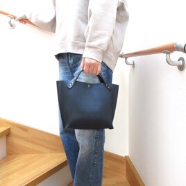 新サイズ♪《牛革》底マチワイド・ショートハンドル・ミニトート・ダークネイビー・ヘアライン加工・0608