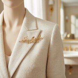 小花とリーフのブランチブローチ ゴールド ebro29