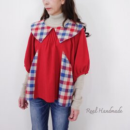 クラシカルカラーのブリリアンレッド・ドルマンブラウス -トリコロールチェック-