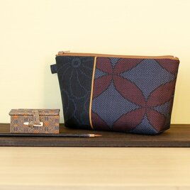 N-306大島紬切り替えポーチ/紺系大島×金茶ライン紺系大島