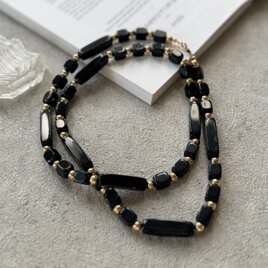 NT19-【 TRIFARI 】トリファリ・ヴィンテージネックレス Black Acrylic Gold Beads