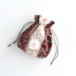 インド刺繍リボンのマチのある巾着ポーチ 　ビエラペイズリー赤