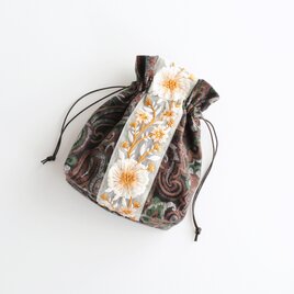 インド刺繍リボンのマチのある巾着ポーチ 　ビエラペイズリー緑