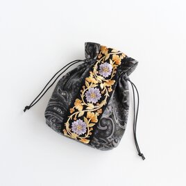 インド刺繍リボンのマチのある巾着ポーチ 　ビエラペイズリーグレー