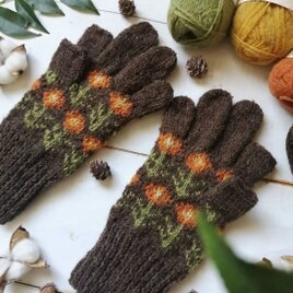 茶に琥珀の花の編み込みスマホ対応手袋