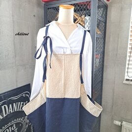 【背中がかわいい】エプロンドレス：リネン×ネイビー【0994】