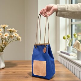 nico：ブルー×ベージュ（撥水加工ナイロン素材×イタリアンレザー巾着バッグ）受注製作