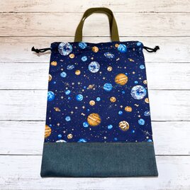 持ち手付き巾着袋　【宇宙】