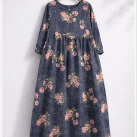 綿麻ワンピース リネン 長袖 花柄 ロングドレス レディス 春 ローズ 大人カジュアル ギフト バラ コットン  綿  通勤通学