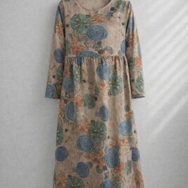 綿麻ワンピース 長袖 花柄 リネン ロングドレス レディス 春 大人カジュアル ギフト コットン  綿  通勤通学 おしゃれ