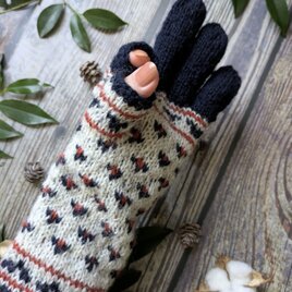 冬の休日〜紺と赤と白の模様編みのスマホ対応手袋