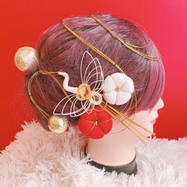 鶴☆成人式髪飾り☆卒業式髪飾り☆お祭り髪飾り☆袴ヘア☆振袖ヘア☆和玉☆水引☆梅の花☆つまみ細工☆ヘアパーツ☆結婚式髪飾り☆白無垢