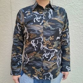 長袖和柄シャツ（松と馬）