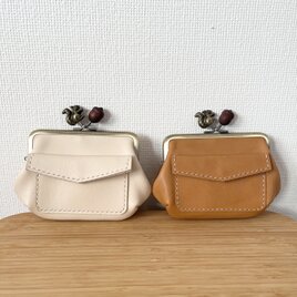【Ｅ様ご予約品】ぱかっと開くとお部屋が3つの親子がまぐち♪外ポッケが付いたリス＆どんぐり口金の四角い本革ミニ財布2点セット