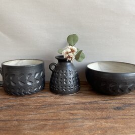 《福袋C》黒マット色3点セット (スープボウル•マグ•小さい花器）