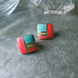 Y1213-ヴィンテージイヤリング U.S.A. 1980's Sherbet Colorblock Square