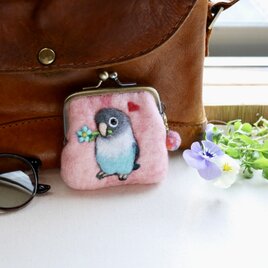 ブルーボタンインコの小さな羊毛フェルトがま口