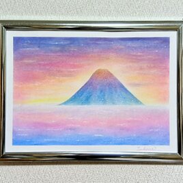 【A4】パステルアート 暁と赤富士 新たな年の黎明 パステル画原画 富士山 お正月