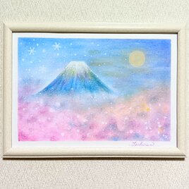 【A4】パステルアート 桜咲く宵の富士山と雪月花 パステル画原画