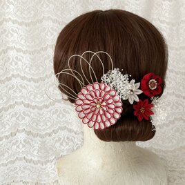 縁取りつまみ細工の髪飾りセット(白×赤)