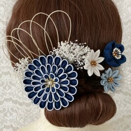 縁取りつまみ細工の髪飾りセット(紺×白)