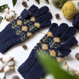 紺に黄の花の編み込みスマホ対応５本指手袋