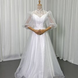 パーティードレス ヘップバーン風 クラシカル ロングドレス パフスリーブ 前撮り くるみボタン