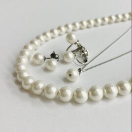 貝パールネックレス3点セット/ネックレス+イヤリングorピアス+1粒ネックレス/ホワイトピンク/ケース付/日本製
