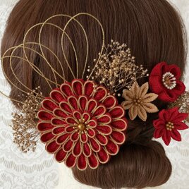縁取りつまみ細工の髪飾りセット(赤×金)