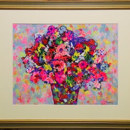 「Flowers」(NO.2601) 6号F ケント紙にアクリル絵の具 額付き 送料無料