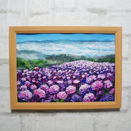 油絵 油彩 油彩画 絵 絵画【天空のピンクと紫の紫陽花】