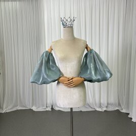 取り外し可能な付け袖 ブルー ストレッチ 前撮り 光沢感 パフスリーブ オーダーメイド可能
