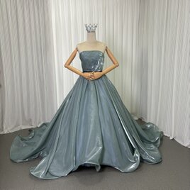 カラードレス ブルー ベアトップ ロングトレーン サッシュベルト 光沢感 編み上げ 披露宴