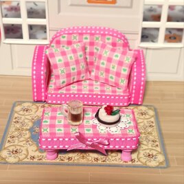 ピンクチェック柄ソファ6点セット　樹脂手作りケーキ・アイスコーヒー付き