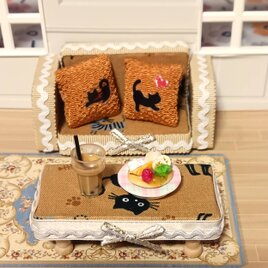 猫デザインのミニチュアソファ－樹脂手作りケーキ・パピオカ6点セット