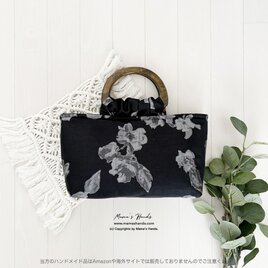《高級 ジャガード織り》おしゃれな ラメ 花柄 特殊な 黒 ブラック 小柄 木の持ち手 手提げ トートバック