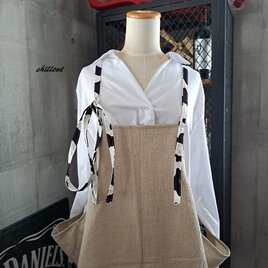 【背中がかわいい】エプロンドレス：ワッシャーリネン×牛柄【0907】