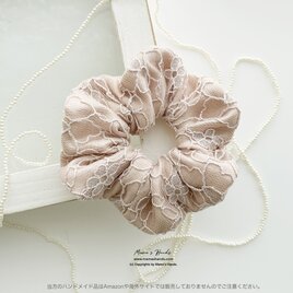 《きらめく ローズ シャンパン》おしゃれな  花柄 レース ラメ ベージュ くすみ ピンク ヘアゴム シュシュ