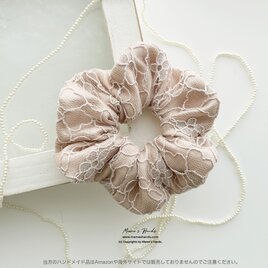 《きらめく ローズ シャンパン》おしゃれな  花柄 レース ラメ ベージュ くすみ ピンク ヘアゴム シュシュ