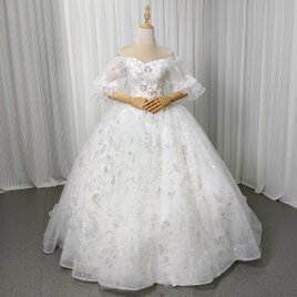 豪華！ウェディングドレス パフスリーブ キラキラ光る刺繍 プリンセスライン 贅沢な総レース 拳式/前撮り