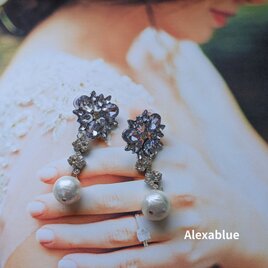 きらきらフラワービジュー×コットンパール 2wayピアス｜ウェディング・パーティー向けゴージャスアクセサリー