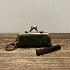 姫路レザーがま口印鑑ケース◆グリーン　ハンコケース　キーホルダー　小物入れ　バックチャーム　がま口