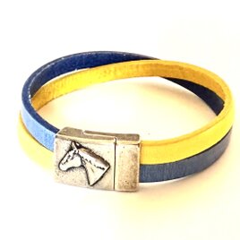 【ヨーロッパ製本革 　青・黄色　ブル・イエロー　二連ブレスレット】馬　マグネット留め