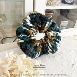 ⭐️6点売れました《手編み風 クロシェ》ぬくぬく カラフル かぎ編み 緑 黄 白 ウール ボリューム シュシュ ヘアゴム