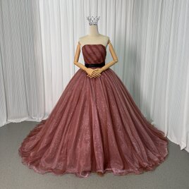 カラードレス テラコッタ色 ベアトップ キラキラチュール サッシュベルト フレアスカート 花嫁 編み上げ