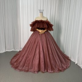 カラードレス テラコッタ色 取り外しオフショルダー キラキラチュール サッシュベルト フレアスカート 花嫁 編み上げ