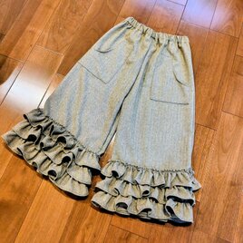 新春セール！ブラウンベージュヘリンボーンウール3段フリルワイドパンツ