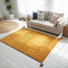 ペルシャ　ギャッベ　ソファー前　ハーフラグ　148x100㎝　黄金色　生命の木　ヤギ　羊　パネル　BT13642