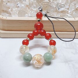 【還暦祝いに◎長寿・健康・安定】 金龍・水晶・赤メノウ・翡翠・シトリンファントム パワーストーンストラップ No756S